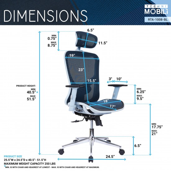 The Techni Mobili High Back Executive Mesh Office Chair with Arms, Headrest and Lumbar Support, Blue