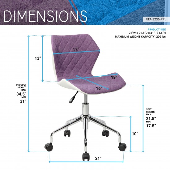 Techni Mobili Modern Height Adjustable Office Task Chair, Purple