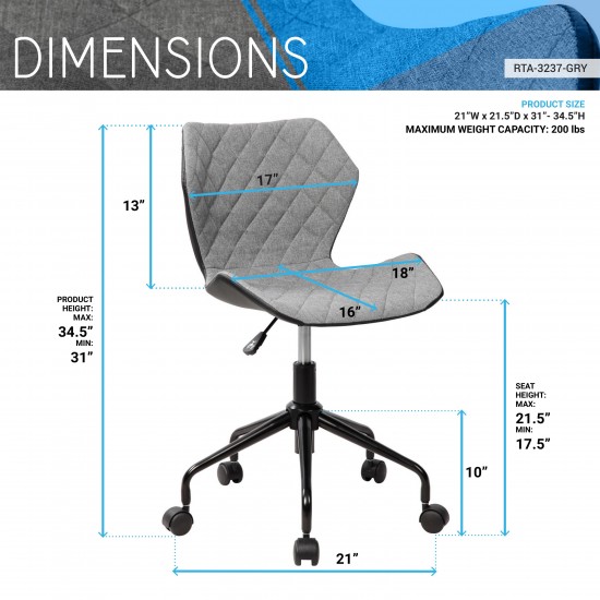 Techni Mobili Deluxe Modern Office Armless Task Chair, Grey