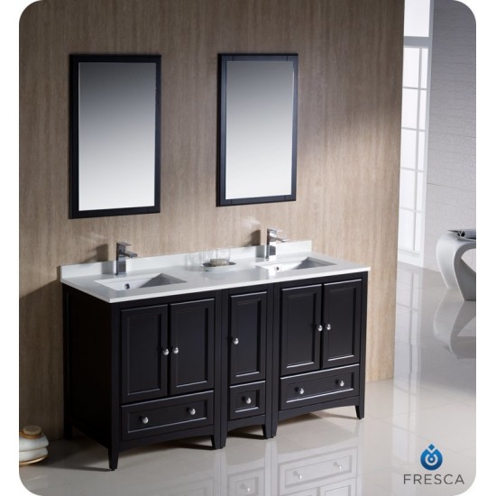 Oxford 60" Espresso Traditional Double Sink Bathroom Vanity, FVN20-241224ES