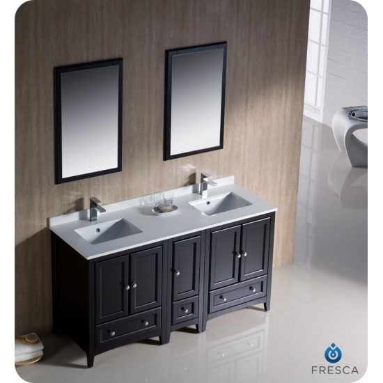 Oxford 60" Espresso Traditional Double Sink Bathroom Vanity, FVN20-241224ES