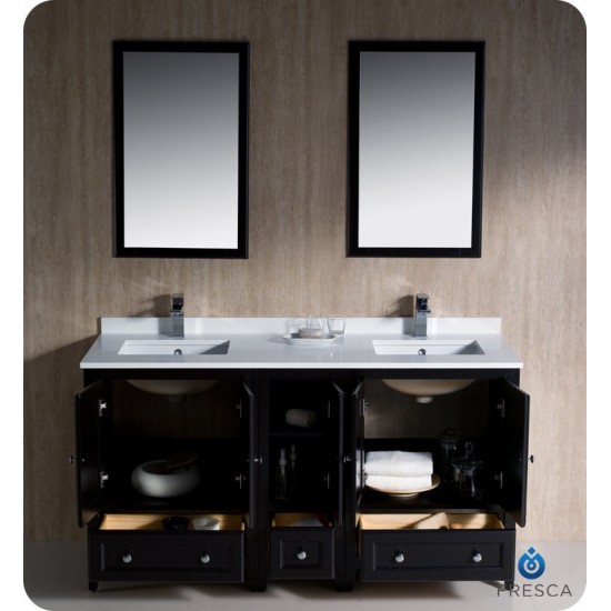 Oxford 60" Espresso Traditional Double Sink Bathroom Vanity, FVN20-241224ES