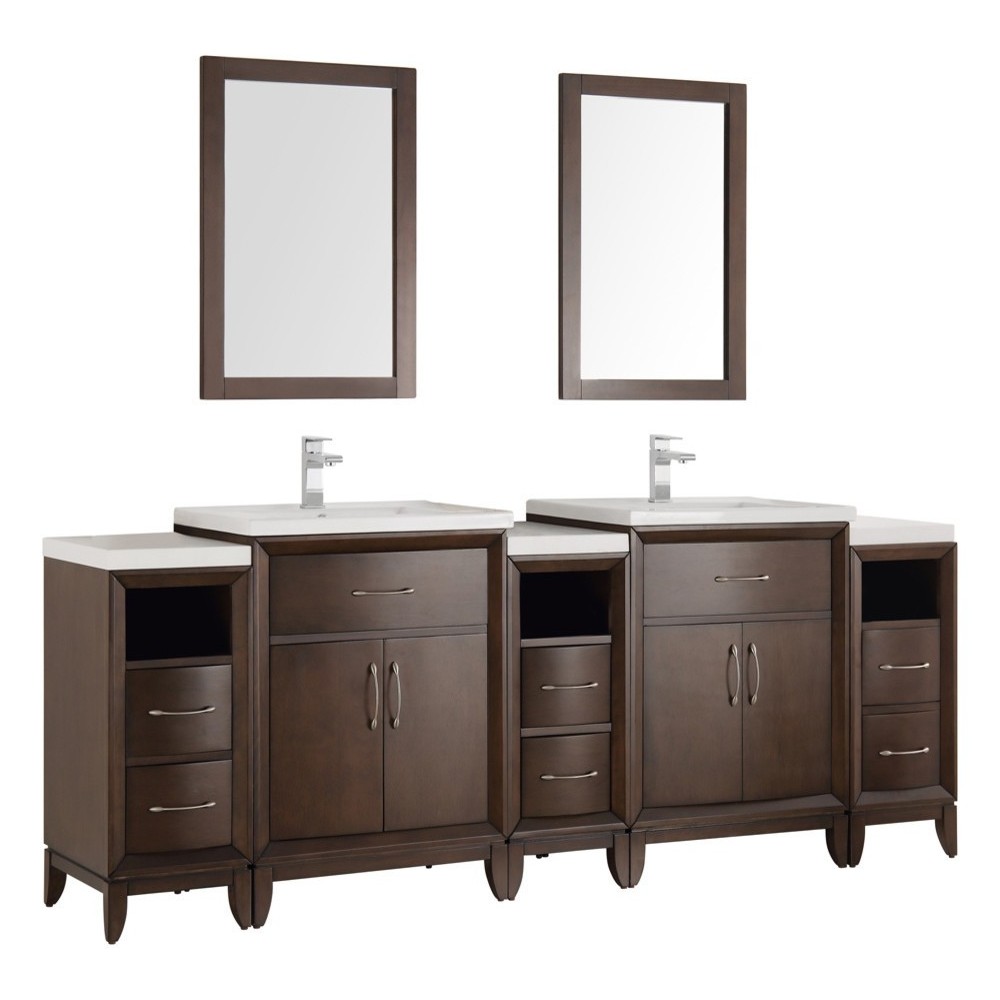 Cambridge 84" Antique Coffee Double Sink Traditional Bathroom Vanity w/ Mirrors