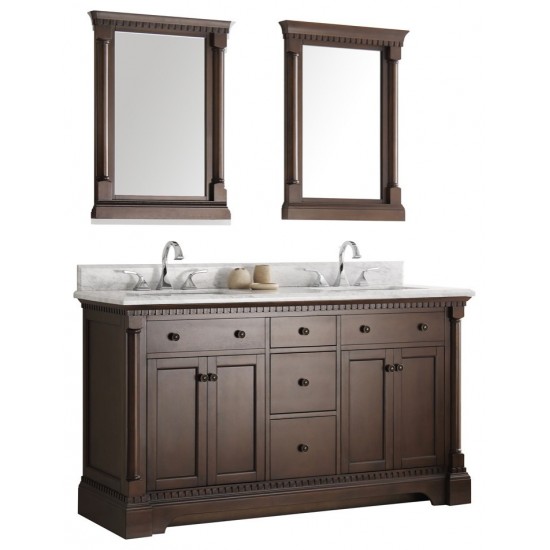 Kingston 61" Antique Coffee Double Sink Traditional Bathroom Vanity w/ Mirrors