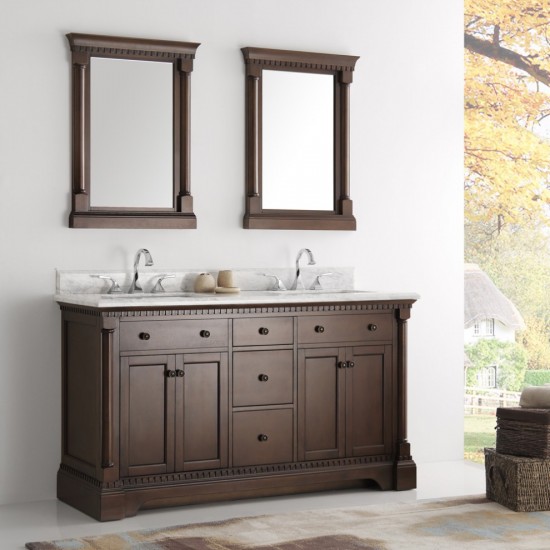 Kingston 61" Antique Coffee Double Sink Traditional Bathroom Vanity w/ Mirrors