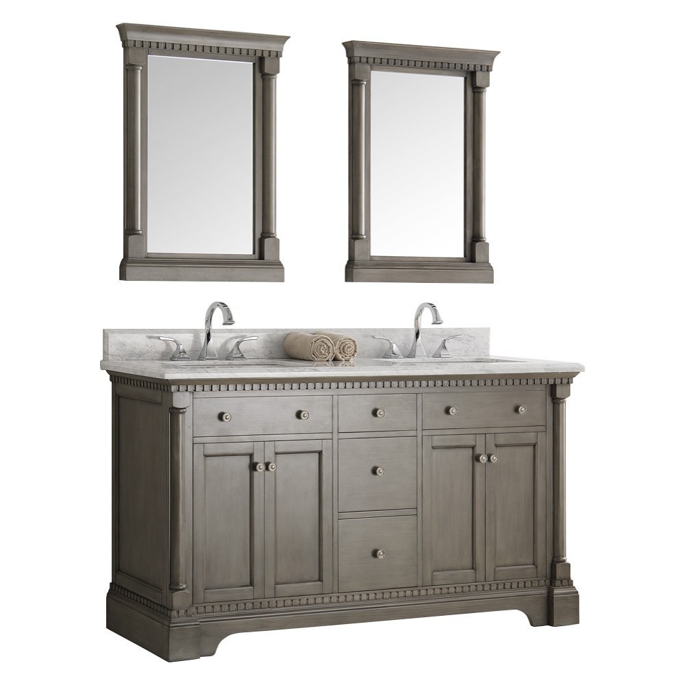 Kingston 61" Antique Silver Double Sink Traditional Bathroom Vanity w/ Mirrors