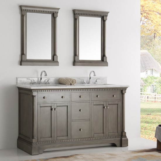 Kingston 61" Antique Silver Double Sink Traditional Bathroom Vanity w/ Mirrors