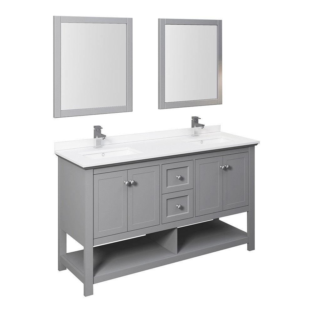 Fresca Manchester 60" Gray Traditional Double Sink Bathroom Vanity w/ Mirrors