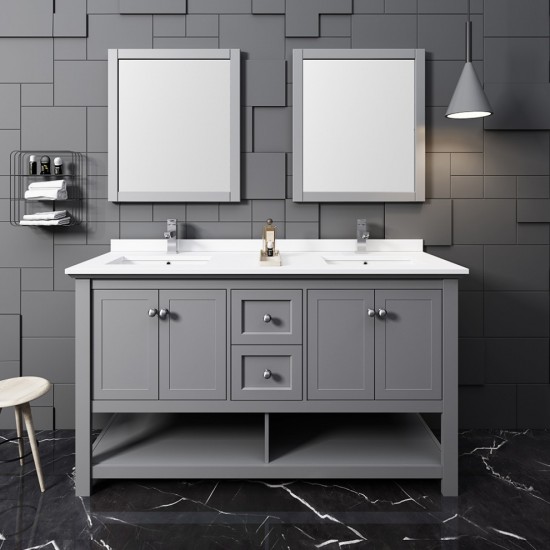 Fresca Manchester 60" Gray Traditional Double Sink Bathroom Vanity w/ Mirrors