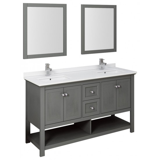 60 Gray Wood Veneer Traditional Double Sink Bathroom Vanity w/ Mirrors