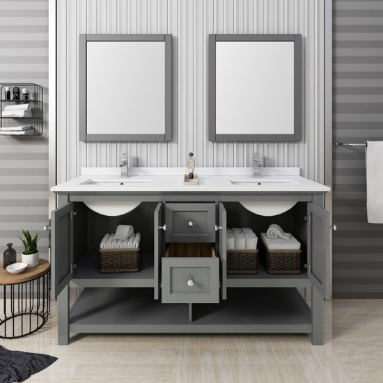 60 Gray Wood Veneer Traditional Double Sink Bathroom Vanity w/ Mirrors