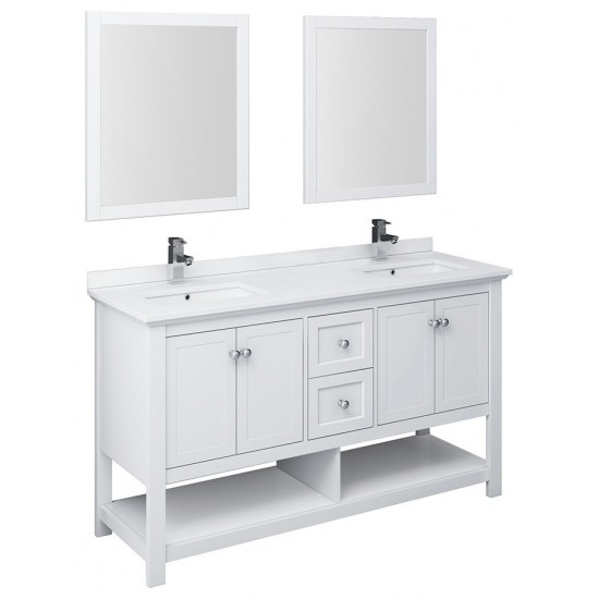 Fresca Manchester 60" White Traditional Double Sink Bathroom Vanity w/ Mirrors