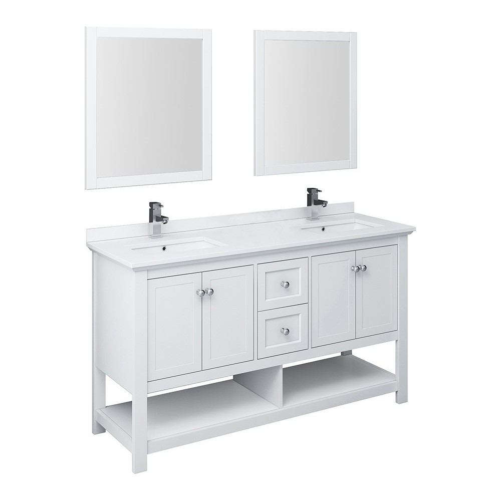 Fresca Manchester 60" White Traditional Double Sink Bathroom Vanity w/ Mirrors