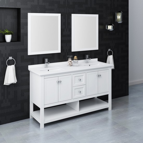 Fresca Manchester 60" White Traditional Double Sink Bathroom Vanity w/ Mirrors