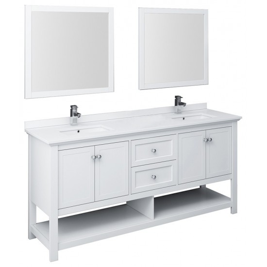 Fresca Manchester 72" White Traditional Double Sink Bathroom Vanity w/ Mirrors