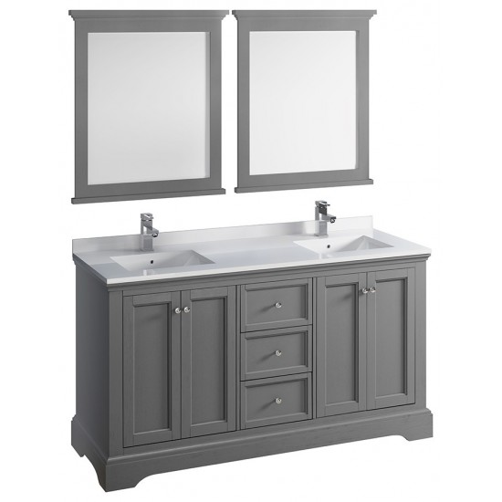 Windsor 60" Gray Textured Traditional Double Sink Bathroom Vanity w/ Mirrors