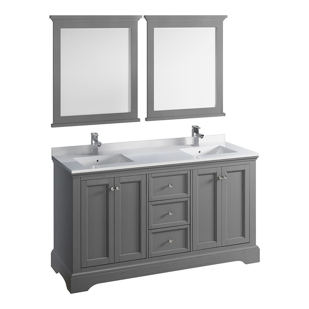 Windsor 60" Gray Textured Traditional Double Sink Bathroom Vanity w/ Mirrors