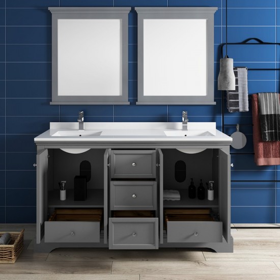 Windsor 60" Gray Textured Traditional Double Sink Bathroom Vanity w/ Mirrors