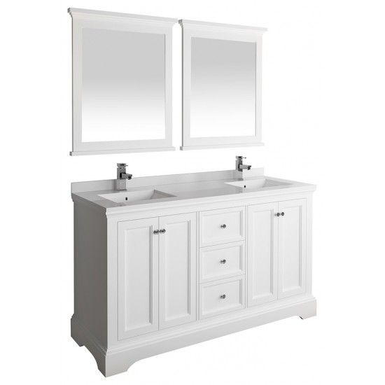 Windsor 60" Matte White Traditional Double Sink Bathroom Vanity w/ Mirrors