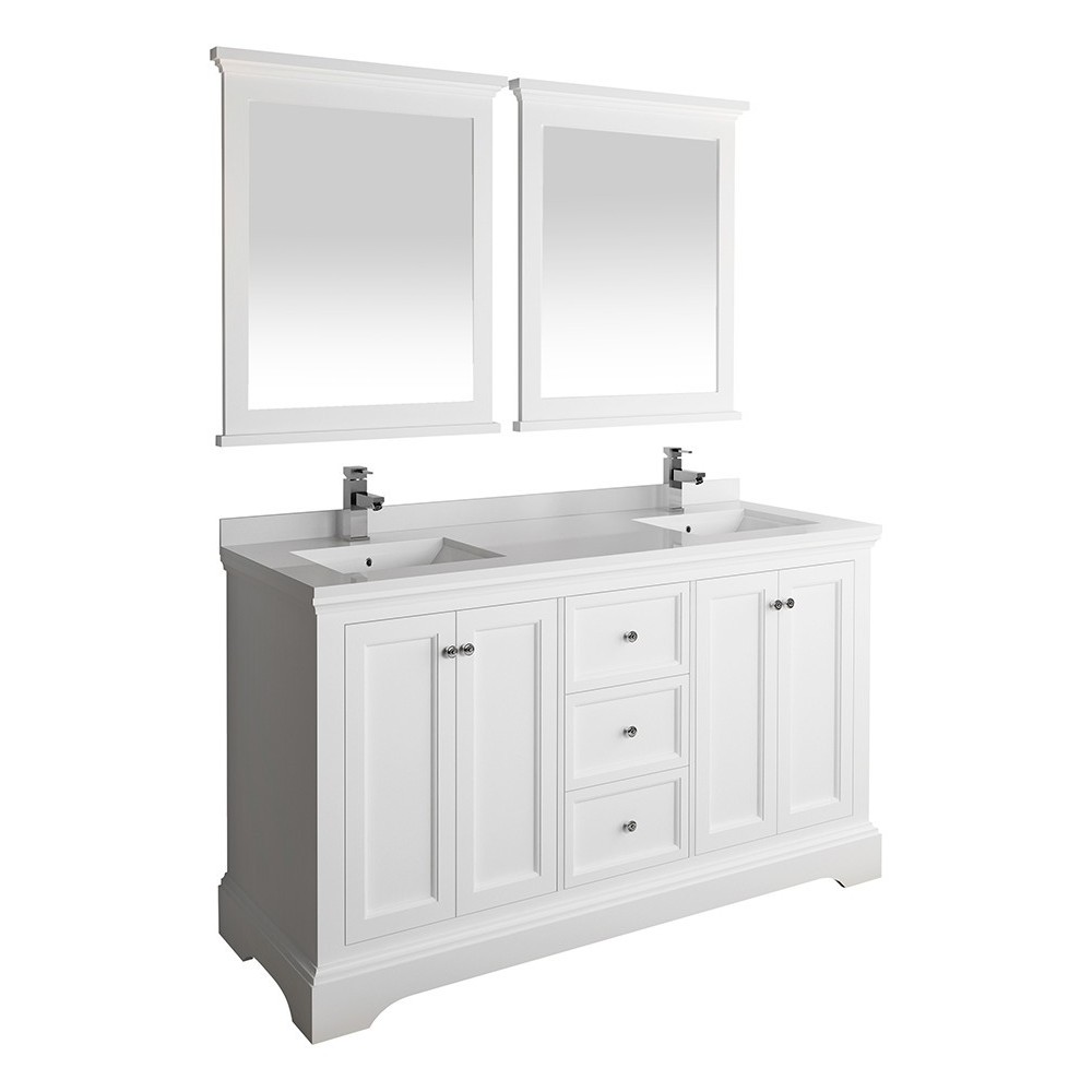 Windsor 60" Matte White Traditional Double Sink Bathroom Vanity w/ Mirrors