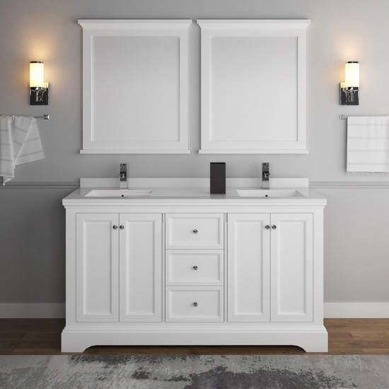 Windsor 60" Matte White Traditional Double Sink Bathroom Vanity w/ Mirrors