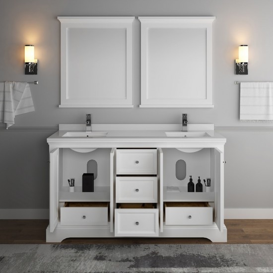 Windsor 60" Matte White Traditional Double Sink Bathroom Vanity w/ Mirrors