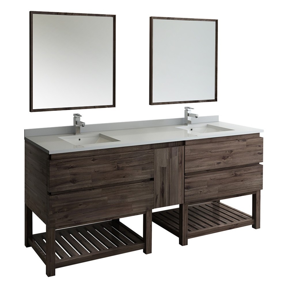 72 Floor Standing Double Sink Modern Bathroom Vanity w/ Open Bottom & Mirrors