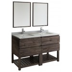 60 Floor Standing Dbl Sink Bathroom Vanity, Open Bottom, Mirrors, Wood