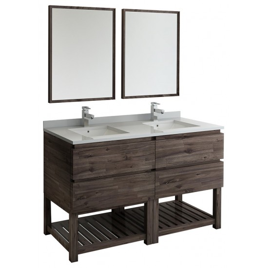 60 Floor Standing Dbl Sink Bathroom Vanity, Open Bottom, Mirrors, Wood