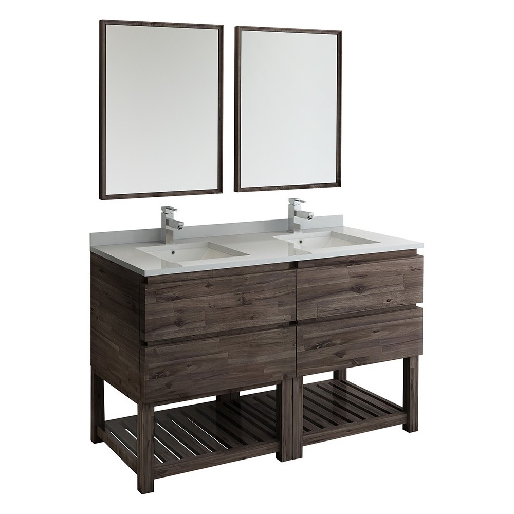 60 Floor Standing Dbl Sink Bathroom Vanity, Open Bottom, Mirrors, Wood