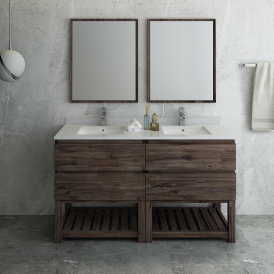 60 Floor Standing Dbl Sink Bathroom Vanity, Open Bottom, Mirrors, Wood