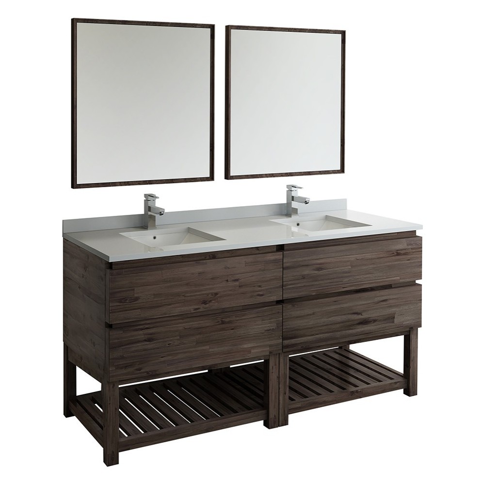 72 Floor Standing Dbl Sink Bathroom Vanity, Open Bottom, Mirrors, Wood