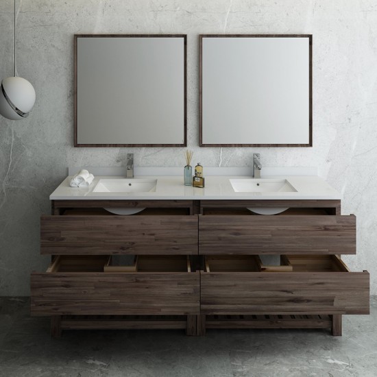 72 Floor Standing Dbl Sink Bathroom Vanity, Open Bottom, Mirrors, Wood