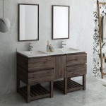 60 Floor Standing Dbl Sink Bathroom Vanity, Open Bottom, Mirrors, Acacia Wood