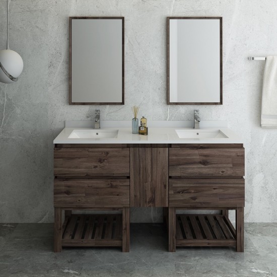 60 Floor Standing Dbl Sink Bathroom Vanity, Open Bottom, Mirrors, Acacia Wood