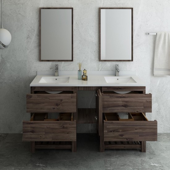 60 Floor Standing Dbl Sink Bathroom Vanity, Open Bottom, Mirrors, Acacia Wood