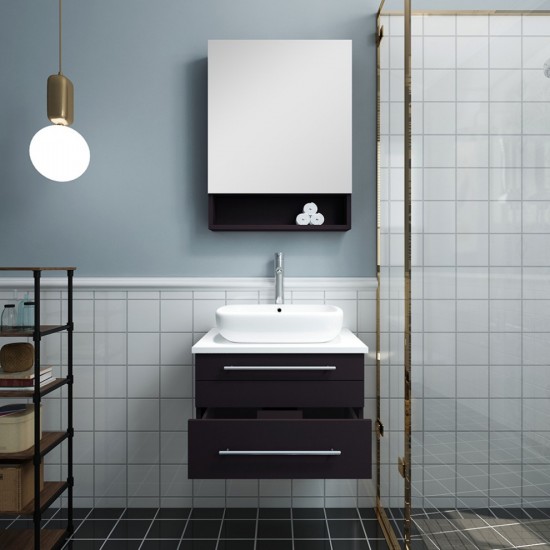 24 Espresso Wall Hung Vessel Sink Modern Bathroom Vanity w/ Medicine Cabinet