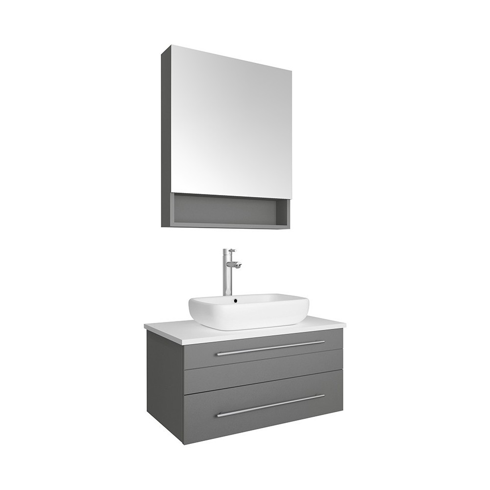 Lucera 30" Gray Wall Hung Vessel Sink Modern Bathroom Vanity w/ Medicine Cabinet