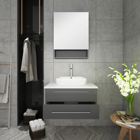 Lucera 30" Gray Wall Hung Vessel Sink Modern Bathroom Vanity w/ Medicine Cabinet