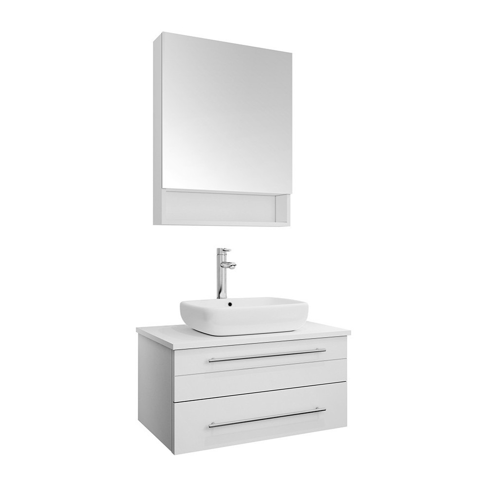 Lucera 30 White Wall Hung Vessel Sink Modern Bathroom Vanity w/ Medicine Cabinet