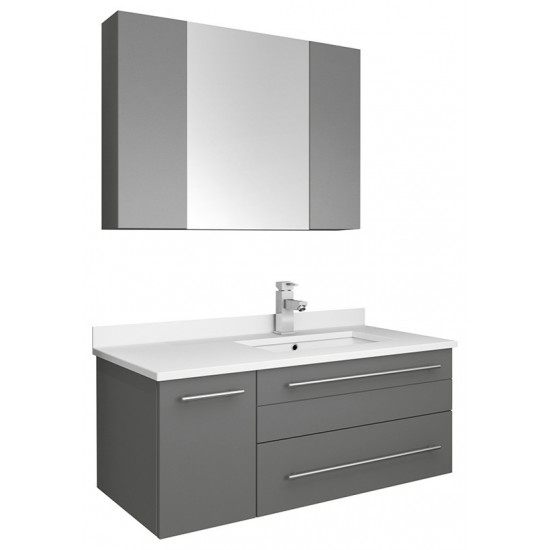 36 Gray Wall Hung Undermount Sink Bathroom Vanity w/ Medicine Cabinet - Right