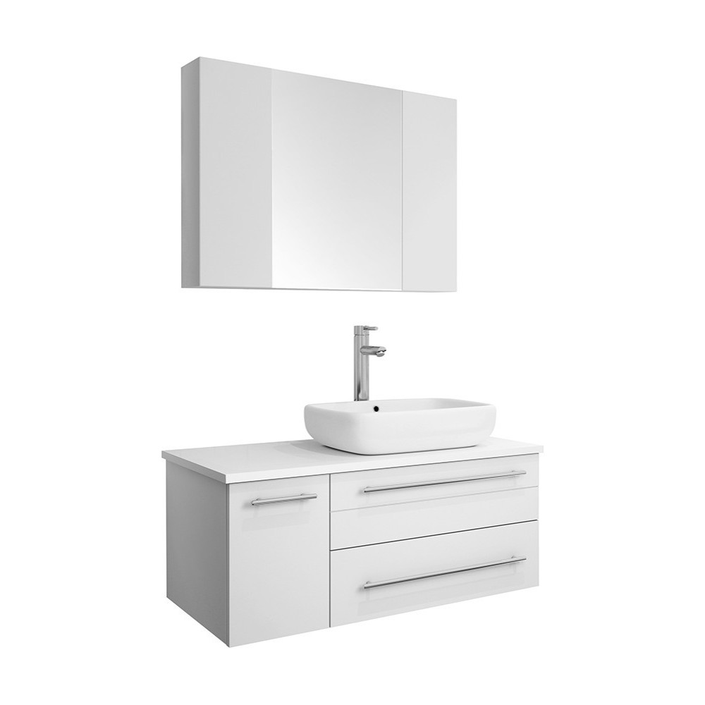 36 White Wall Hung Vessel Sink Bathroom Vanity w/ Medicine Cabinet - Right