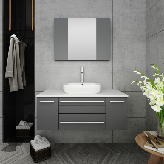 Lucera 42" Gray Wall Hung Vessel Sink Modern Bathroom Vanity w/ Medicine Cabinet