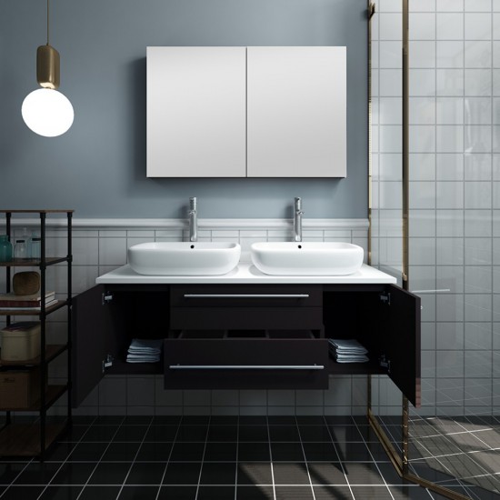 48 Espresso Wall Hung Double Vessel Sink Bathroom Vanity w/ Medicine Cabinet