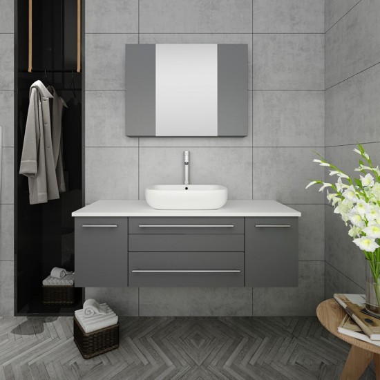 Lucera 48" Gray Wall Hung Vessel Sink Modern Bathroom Vanity w/ Medicine Cabinet