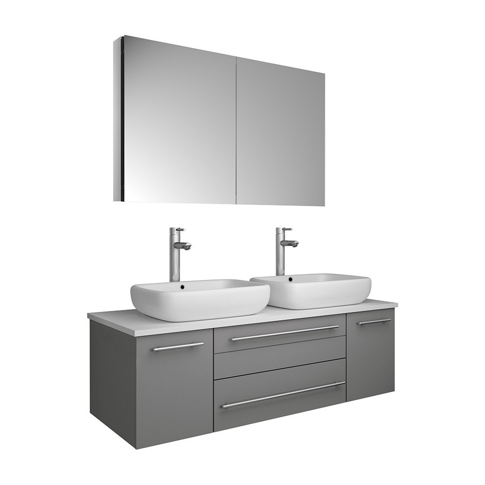 48 Gray Wall Hung Double Vessel Sink Modern Bathroom Vanity w/ Medicine Cabinet