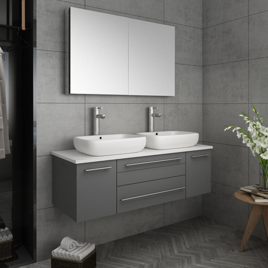 48 Gray Wall Hung Double Vessel Sink Modern Bathroom Vanity w/ Medicine Cabinet