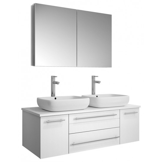 48 White Wall Hung Double Vessel Sink Modern Bathroom Vanity w/ Medicine Cabinet