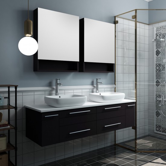 60 Espresso Wall Hung Double Vessel Sink Bathroom Vanity w/ Medicine Cabinets