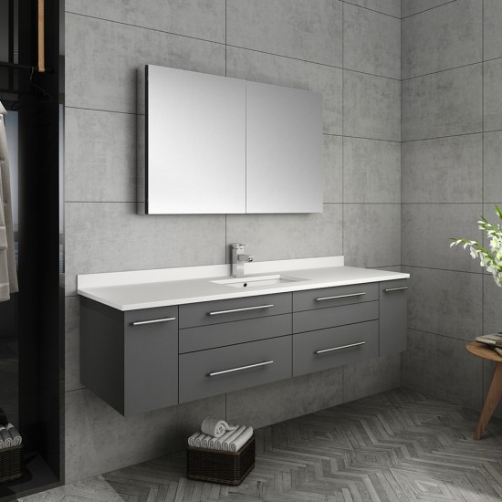 60 Gray Wall Hung Single Undermount Sink Bathroom Vanity w/ Medicine Cabinet